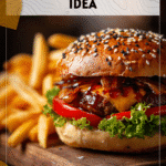 Festive Halloween Burger with Fries and Party Decor 4 Halloween burger styled like a spider with fries and themed party decorations on the table 2