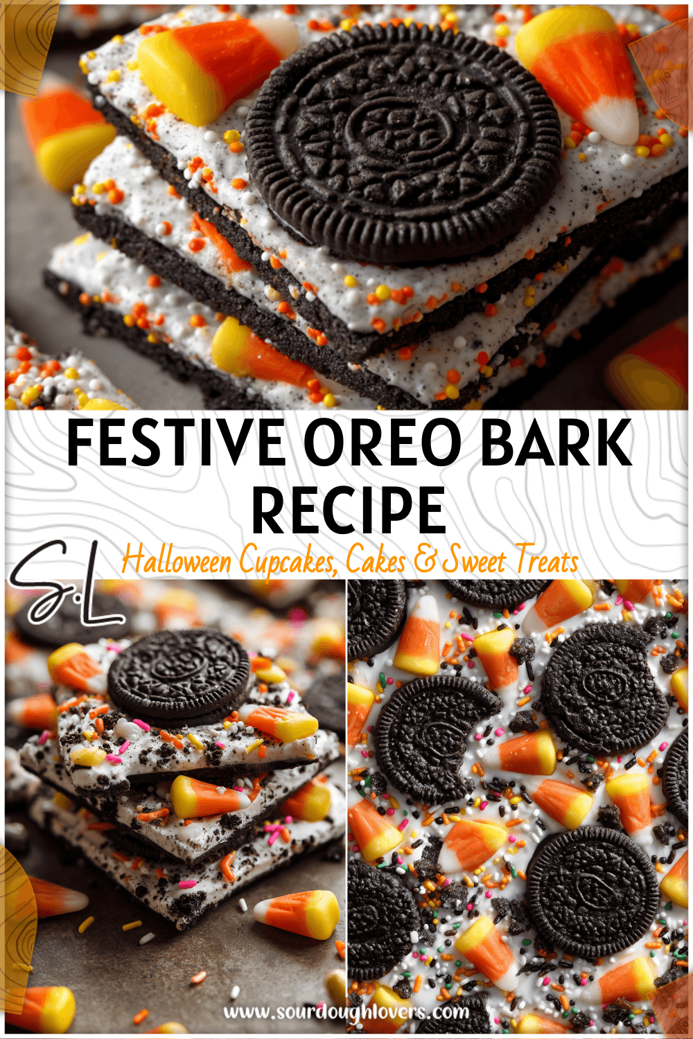 Festive Oreo bark with candy corn and sprinkles for Easy Halloween Snack Ideas For Kids Party 2