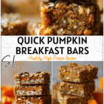 Gluten Free Pumpkin Breakfast Bars (Quick & Healthy) 5 Gluten free pumpkin breakfast bars stacked neatly with oats and pumpkin slices beside them. 2