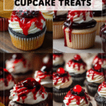 Gory Halloween Cupcakes with Creepy Vampire Vibes 4 Halloween themed baked goods cupcakes with frosted tops and oozing red filling. 2