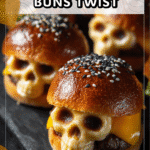 Halloween Buns Cheeseburger Skulls Recipe Twist 4 Cheeseburger skull buns styled as Halloween buns on an autumn-themed dinner table 2