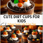 Small clear cups filled with pudding and cookie crumbs topped with candy pumpkins for kindergarten kids. 2