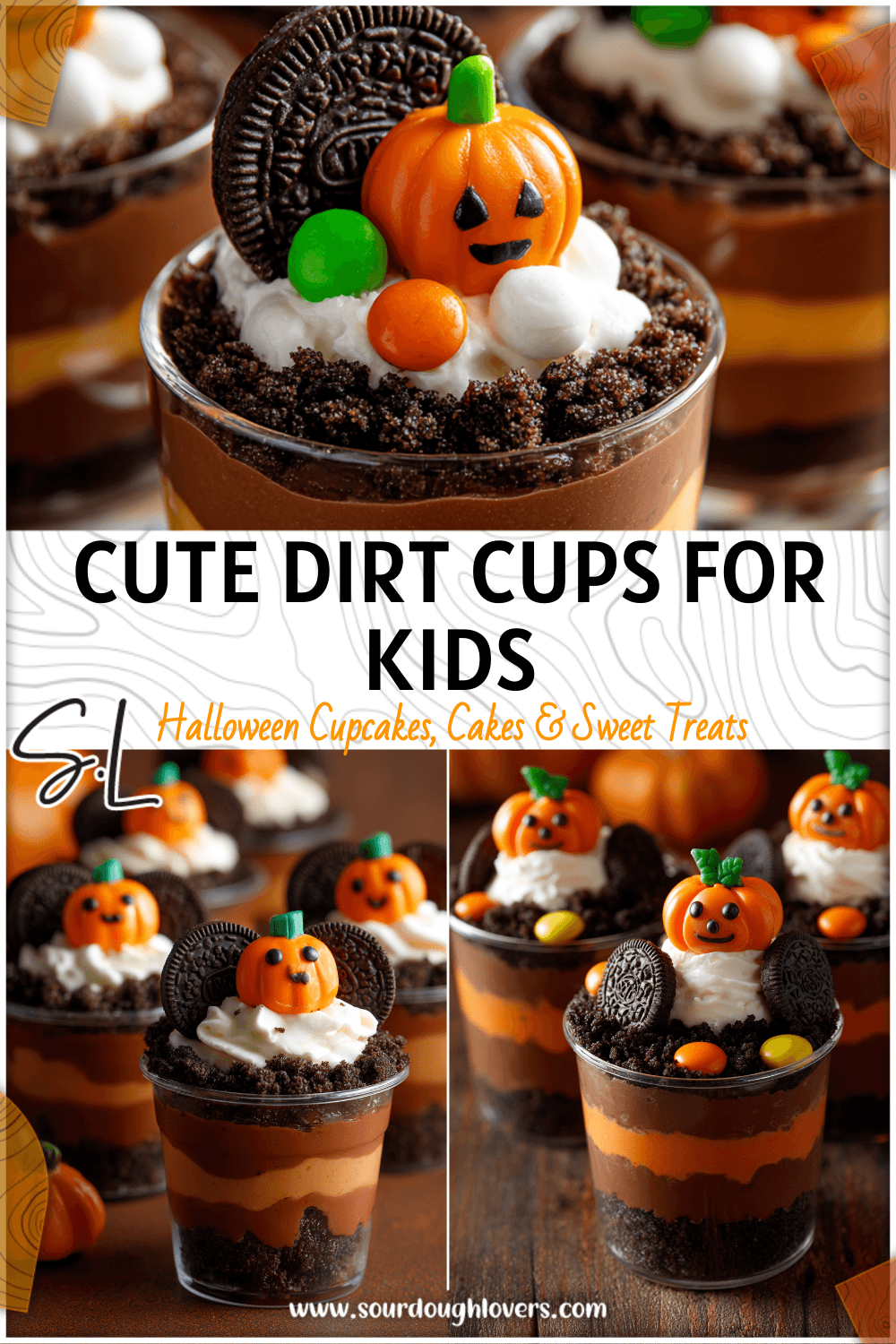 Small clear cups filled with pudding and cookie crumbs topped with candy pumpkins for kindergarten kids. 2