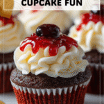 Haunted Party Cupcakes with Vampire Surprise 4 Tray of Halloween bakery vampire cupcakes topped with white frosting and red syrup filling. 2