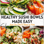 Healthy California Roll Sushi Bowls for Meal Prep 4 Colorful Healthy California Roll sushi bowls with fresh veggies and rice for delicious lunch meal prep. 2