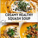 Healthy Fall Soups: Creamy Butternut Squash Recipe 4 Creamy healthy fall butternut squash soup in a white bowl topped with fresh garnish. 2
