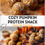 Healthy Pumpkin Protein Balls Recipe for Fall 4 Round pumpkin protein balls rolled in oats on a wooden board with fall leaves 2
