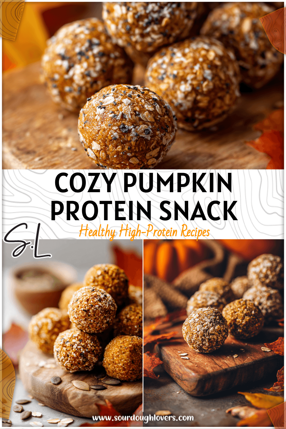 Round pumpkin protein balls rolled in oats on a wooden board with fall leaves 2