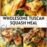 Healthy Spaghetti Squash with Tuscan Chicken 5 Healthy spaghetti squash strands topped with Tuscan chicken, fresh spinach, and creamy sauce. 2