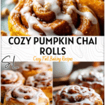 Homemade Pumpkin Chai Cinnamon Rolls for Fall 4 Freshly baked Homemade Pumpkin Chai Cinnamon Rolls topped with warm glaze on a fall-inspired table setting. 2