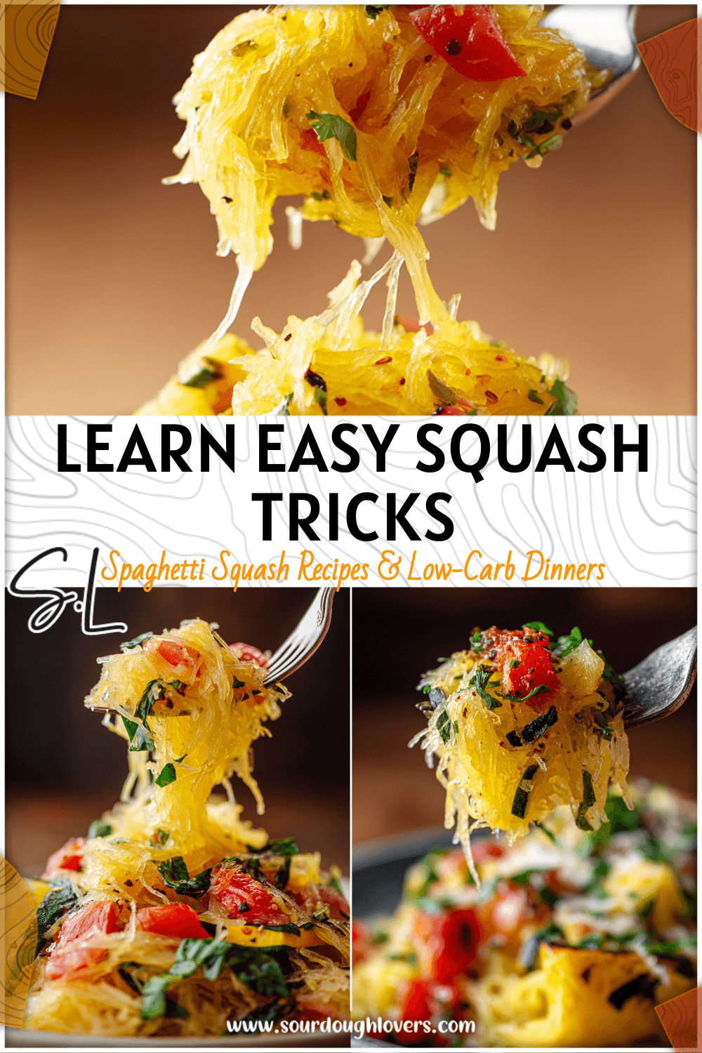 Fork twirling roasted spaghetti squash strands topped with fresh vegetables and herbs. 2