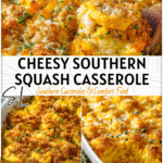 Cheesy baked squash casserole topped with golden breadcrumbs and melty cheese served in a Southern casserole dish 2