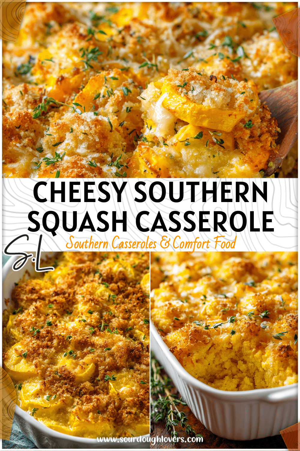 Cheesy baked squash casserole topped with golden breadcrumbs and melty cheese served in a Southern casserole dish 2