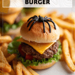 Kid-Friendly Halloween Spider Burger Dinner with Fries 4 Halloween spider-themed burger with fries styled as kid-friendly dinner idea 2