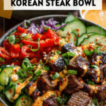 Korean BBQ Steak Rice Bowls with Spicy Cream Sauce 4 Bowl filled with Korean BBQ steak and rice topped with spicy cream sauce and fresh vegetables. 2