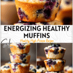 Light & Sweet Cottage Cheese Blueberry Muffins for Energy 4 Stack of blueberry cottage cheese muffins styled on a white board for a high protein snack option. 2