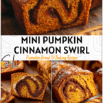 Mini Pumpkin Bread with Cinnamon Swirl 4 Mini pumpkin bread loaves with cinnamon swirl sliced to show soft texture and warm fall baking sweetness. 2