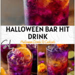 Must-Try Drunk Witch Halloween Bar Drink 4 A glowing neon purple cocktail in a tall glass styled as signature Halloween cocktail. 2