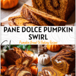 Pane Dolce Pumpkin Bread with Cinnamon Swirl 4 Italian style pane dolce pumpkin bread loaf with cinnamon swirl and slices arranged with fall décor. 2