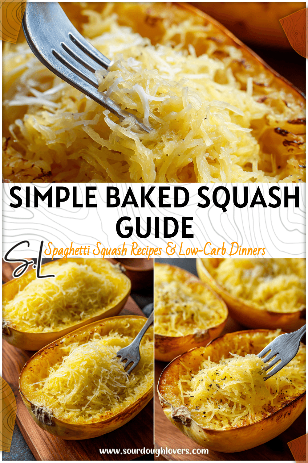Oven roasted baked spaghetti squash halves with fork shredding golden strands inside. 2