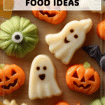 Playful Halloween Shaped Food Creations 4 Festive food shaped like pumpkins, bats, and ghosts arranged on a Halloween platter 2