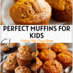 Pumpkin Muffins For Baby and Toddlers 5 Mini pumpkin muffins on a toddler plate with a baby spoon beside them. 2