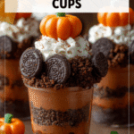 Pumpkin Patch Dirt Cups: Cute & Spooky Halloween Treats for Kids 4 Pumpkin patch Halloween dirt cups topped with candy pumpkins and crushed cookies as spooky fall treats 2