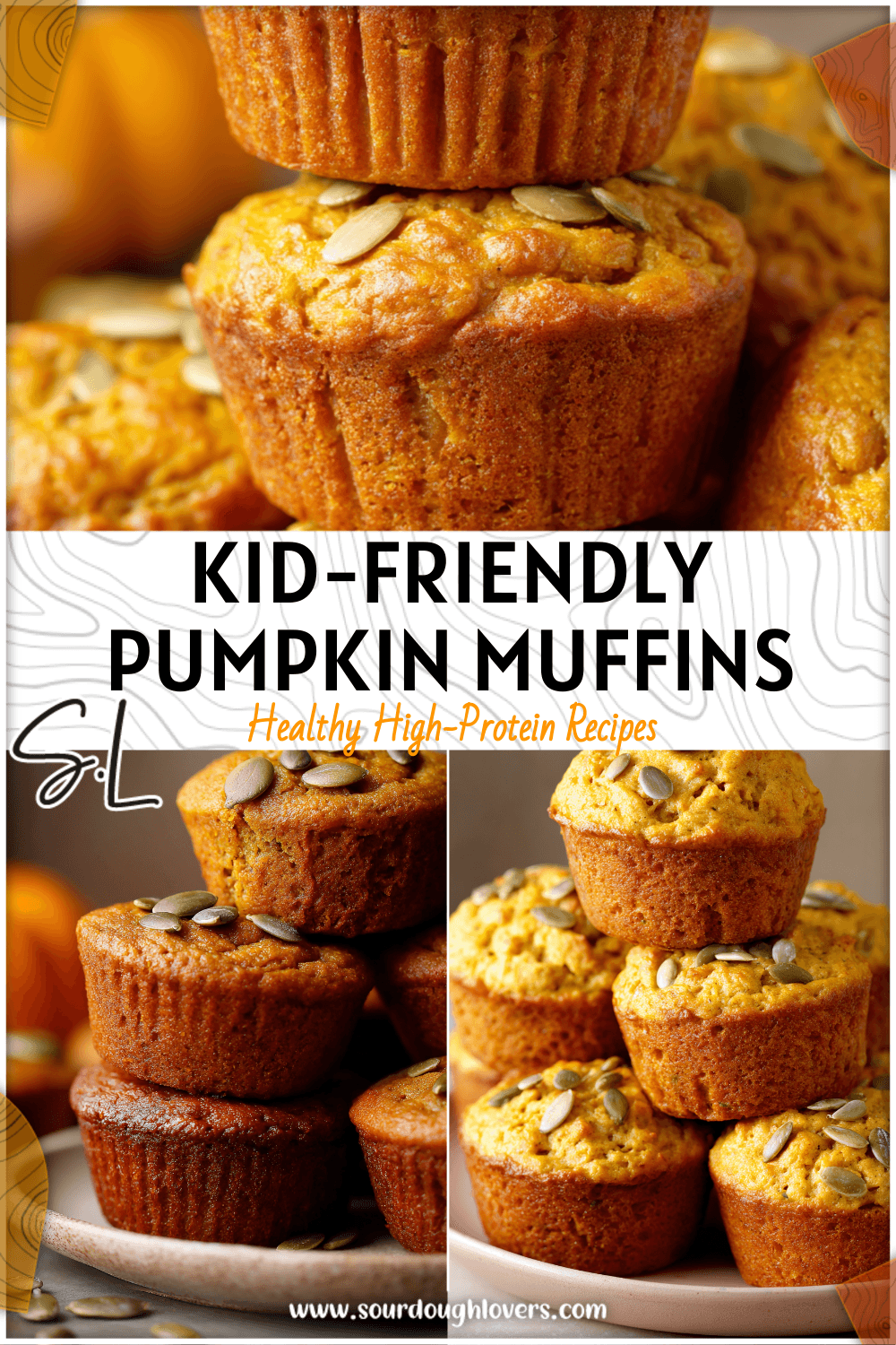 Pumpkin yogurt muffins stacked on a plate with pumpkin seeds sprinkled on top. 2