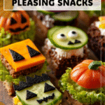 Quick Halloween Party Finger Food Ideas for Any Crowd 4 Halloween finger foods like mini pastries, themed veggie cups, and festive cookies on a large tray. 2
