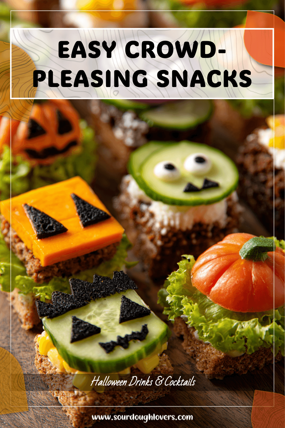 Halloween finger foods like mini pastries, themed veggie cups, and festive cookies on a large tray. 2