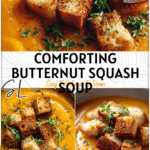 Roasted Butternut Squash Soup: Comfort in a Bowl 4 Close-up of roasted butternut squash soup served in a bowl with fresh herbs and croutons. 2