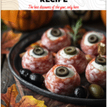 Salami Mozzarella Eyeballs Recipe - Spooky Halloween Appetizer Idea 4 Close-up of salami mozzarella eyeballs as creepy Halloween appetizers on a festive platter 2