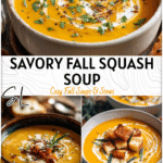 Savory Fall Soup With Butternut Squash & Sweet Potato 4 Golden savory fall soup with butternut squash and sweet potato, served with rustic bread on the side. 2