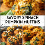 Pumpkin spinach muffins baked with Greek yogurt on a wooden board with spinach leaves. 2