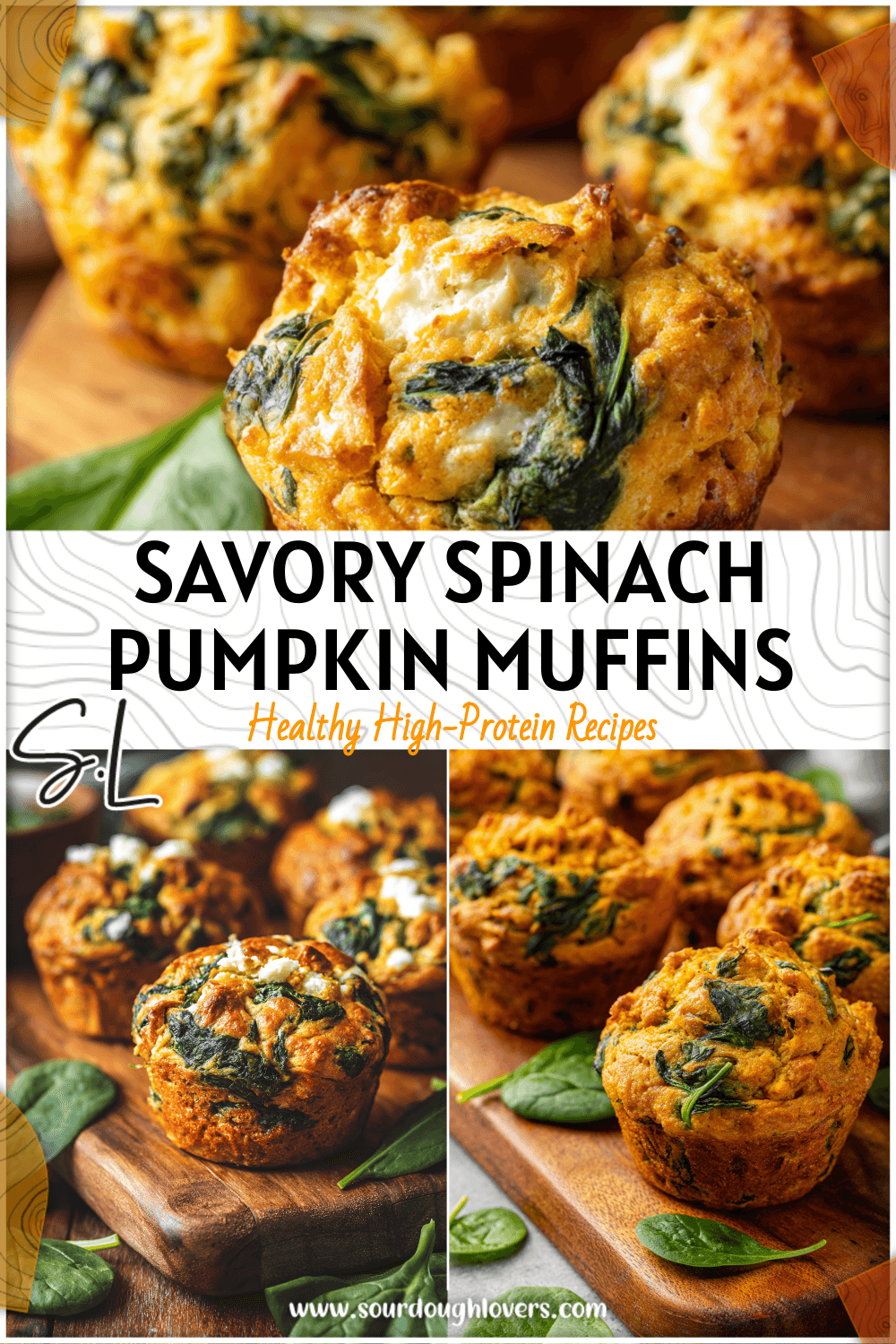 Pumpkin spinach muffins baked with Greek yogurt on a wooden board with spinach leaves. 2