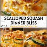 Scalloped Squash Casserole Perfect for Family Dinner 4 Layered scalloped squash casserole baked with cheese and straight neck squash slices in a serving dish. 2