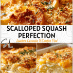 Scalloped Squash Casserole Recipe for Holidays 4 Creamy scalloped squash casserole layered with cheese and breadcrumbs in a serving dish. 2