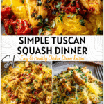Simple Tuscan Chicken Spaghetti Squash Meal 4 Golden roasted spaghetti squash strands with Tuscan chicken and herbs served on a rustic plate. 2