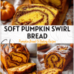 Soft Pumpkin Swirl Bread Recipe for Fall 4 Soft golden pumpkin swirl bread loaf sliced with rich cinnamon layers on a cozy fall tablecloth. 2