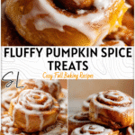Soft and Fluffy Pumpkin Spice Cinnamon Rolls 4 Fluffy Pumpkin Spice Cinnamon Rolls stacked on a plate with cream cheese glaze swirl on top. 2
