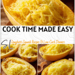 Spaghetti Squash Cook Time & Easy Serving Tips 4 Whole spaghetti squash on a cutting board next to baked halves showing tender strands. 2