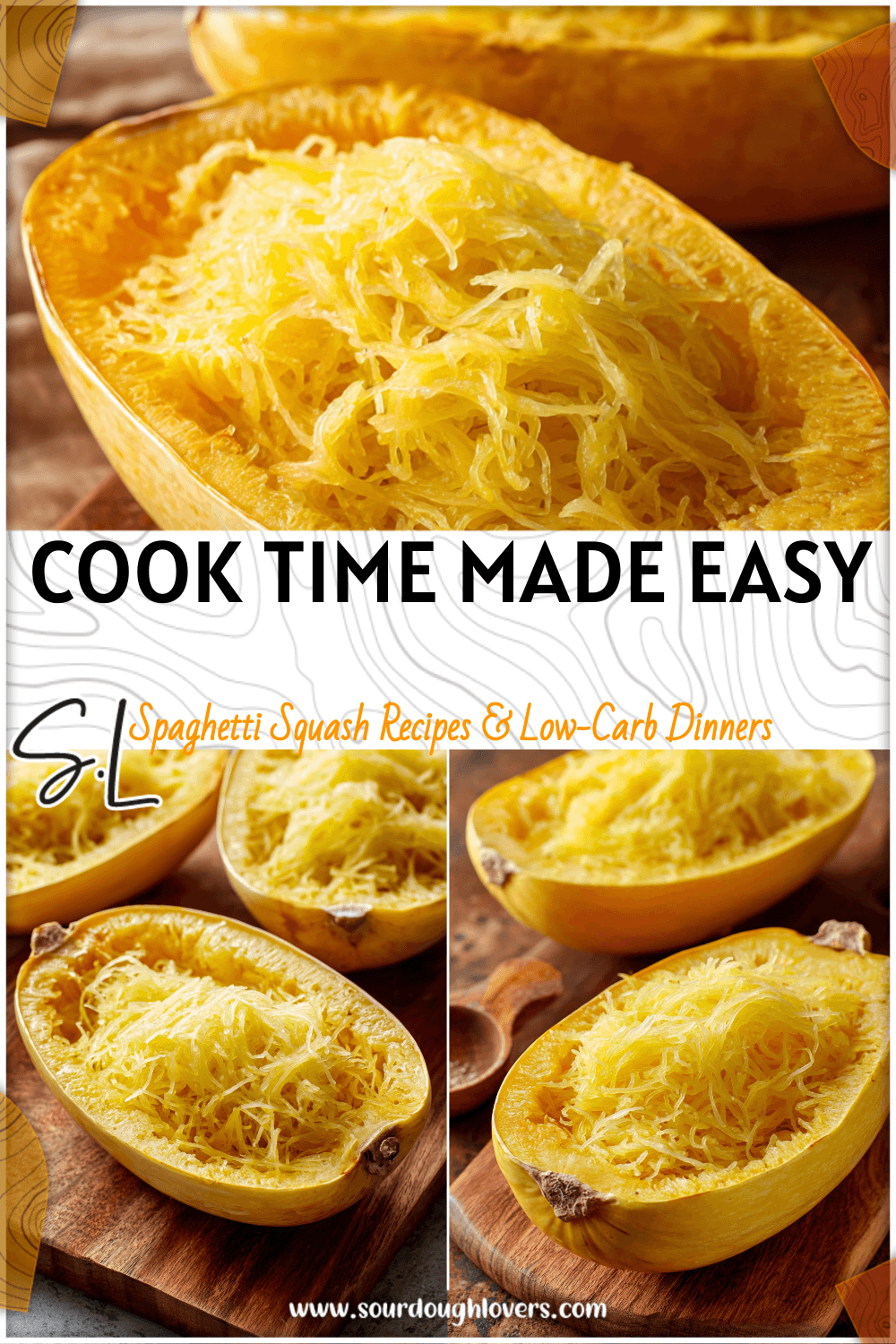 Whole spaghetti squash on a cutting board next to baked halves showing tender strands. 2
