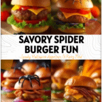 Spider Burger on Cutting Board with Halloween Party Touch 4 Burger shaped like a spider with fries and Halloween decorations on a rustic board 2