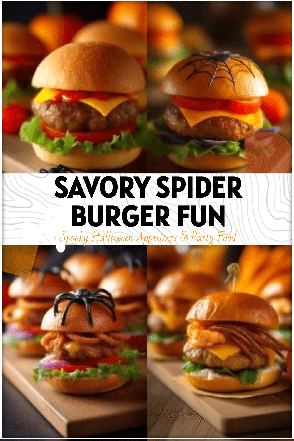 Spider Burger on Cutting Board with Halloween Party Touch 3 Spider Burger on Cutting Board with Halloween Party Touch