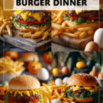Spider Burger with Fries and Spooky Halloween Decor 4 A spider burger with fries on a cutting board surrounded by fake eggs and Halloween decorations 2