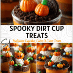 Spooky Fall Dirt Cups: A Trick or Treat Favorite 4 Cup of layered pudding with cookie crumbs and candy pumpkins styled as fall-themed Halloween dirt cups. 2