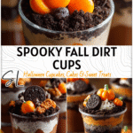 Spooky Fall Dirt Cups: Fun Halloween Desserts in a Cup 4 Clear cup with layered chocolate pudding, crushed cookies, and pumpkin candies as Halloween dessert 2