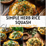 Stuffed Acorn Squash with Rice and Herbs: Simple & Delicious 4 Herb rice stuffed acorn squash halves on a rustic fall dinner table 2