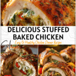 Stuffed baked chicken cut open on a plate with colorful vegetables perfect for new meals to try dinners 2