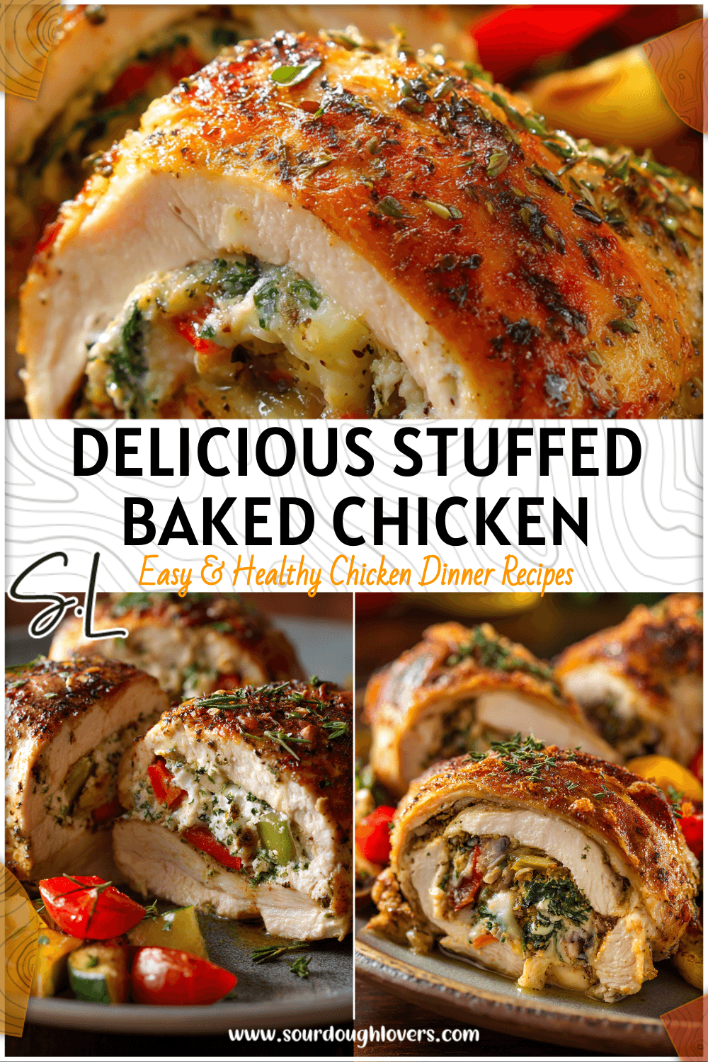 Stuffed baked chicken cut open on a plate with colorful vegetables perfect for new meals to try dinners 2